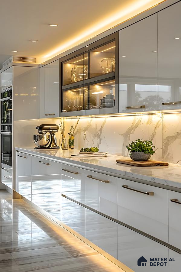 Glossy White Modular Kitchen With Warm Lighting And Marble Accents | Material Depot
