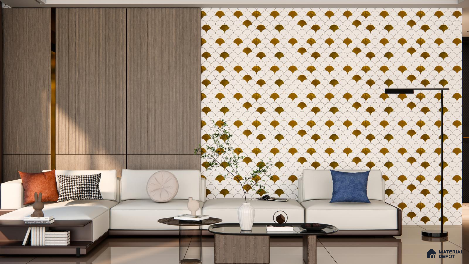 Golden Fan Pattern Highlighter Tile for Sophisticated Living Room Walls | Material Depot