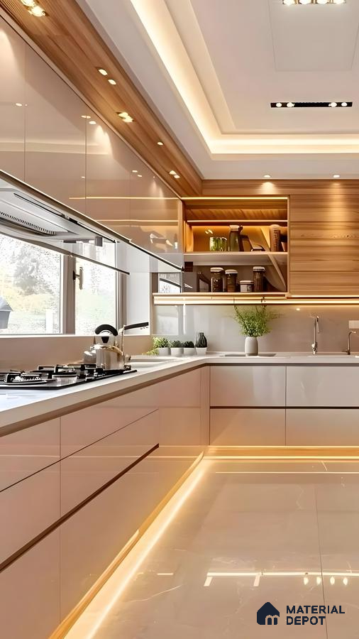 Golden Glow: A Glossy Beige Kitchen With Warm Wooden Accents | Material Depot