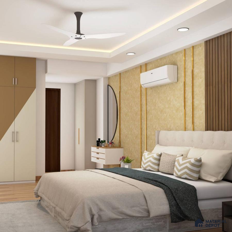 Contemporary master bedroom: Golden elegance meets modern charm, creating a sophisticated and inviting retreat.