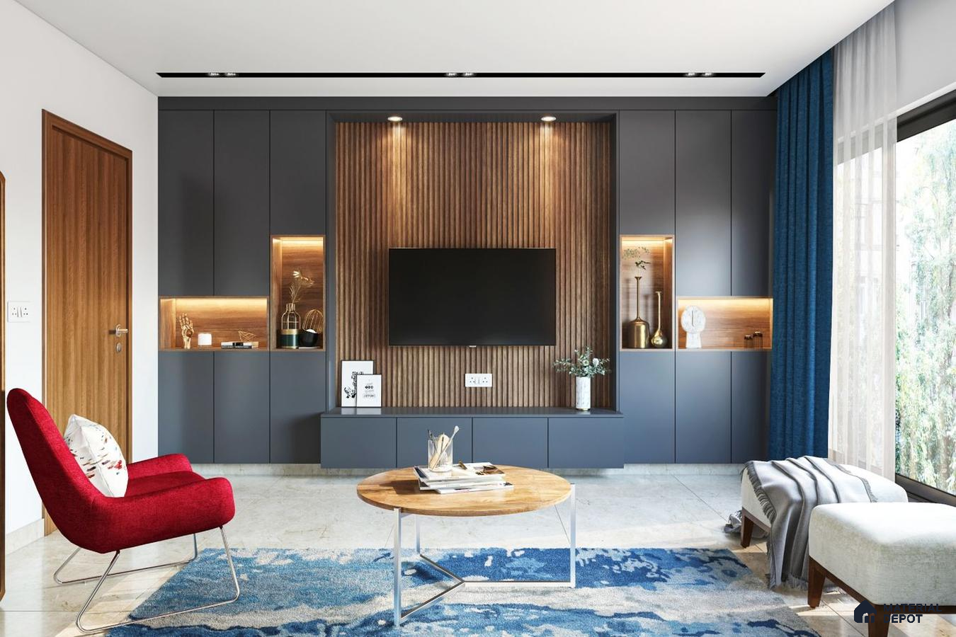 Elegant Grey TV Unit with Teak Accents