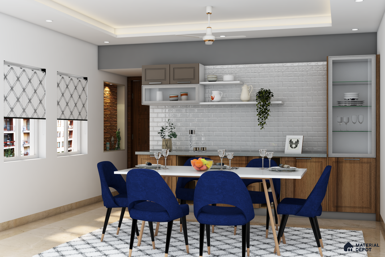Luxurious Dining: Dark Blue Chairs, White Rug, Fine Crockery