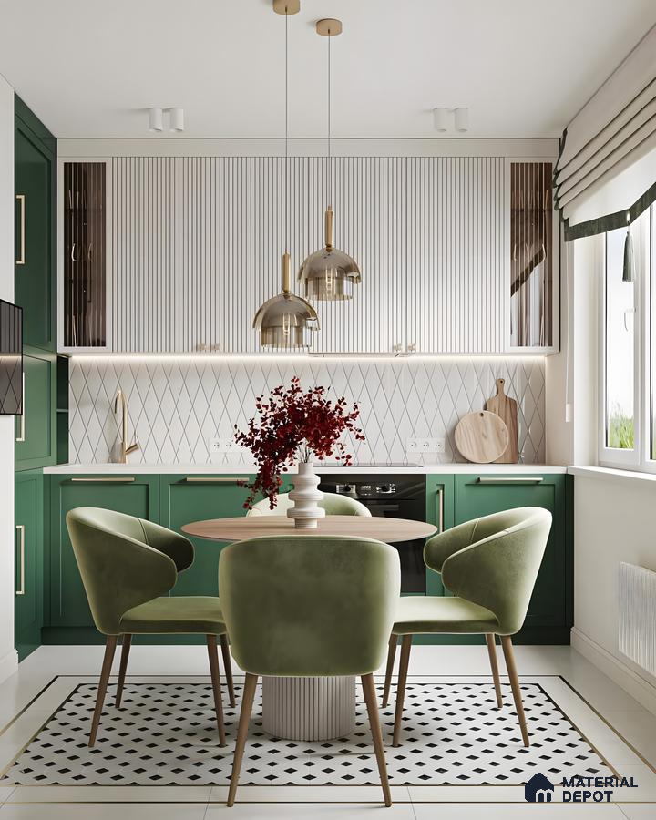 Green And White Kitchen With Decorative Elements | Material Depot