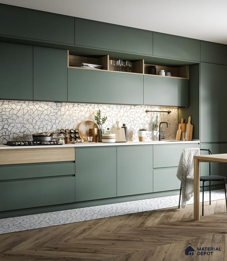 Green Cabinetry In Compact Kitchen Space | Material Depot