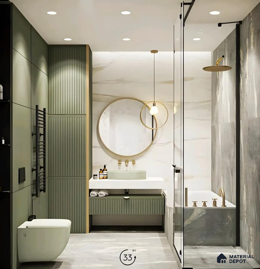 Green Louvers With Grey Texture Wall And Floor Tiles | Material Depot