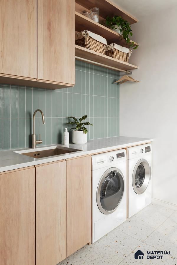 Green subway Kitchen Design with Curved Island and Green Tile Detailing Assetz Marq 3.0 Whitefield | Material Depot