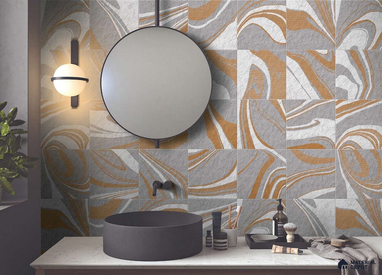 Grey and Mustard Swirl Tiles for Statement Bathroom Walls | Material Depot