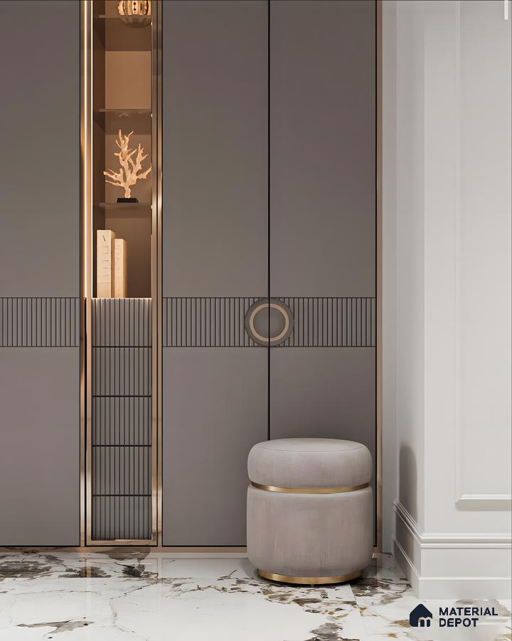 Grey Wardrobe with Glass Open Shelf and Gold Accents | Material Depot