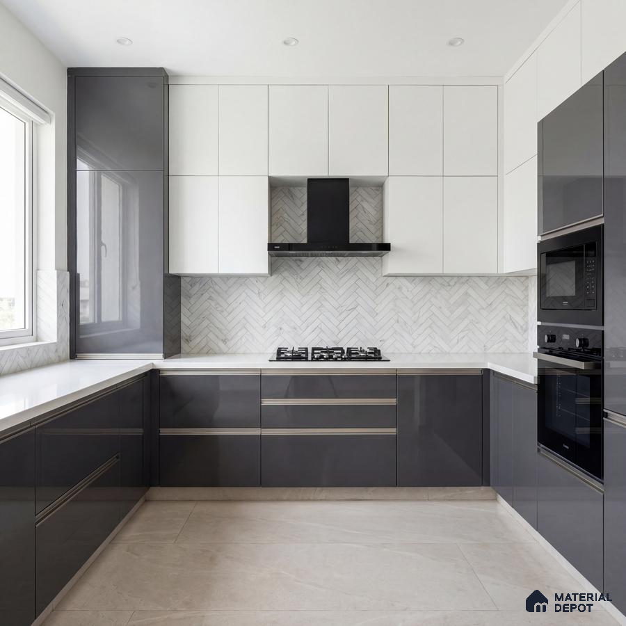 Modern dual tone kitchen with glossy grey and frosty white laminate, white quartz countertop, and herringbone marble backsplash tile