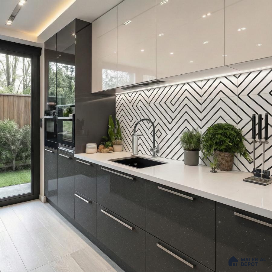 Modern kitchen with glossy grey and white laminate, white quartz countertop, and geometric black-and-white backsplash tiles