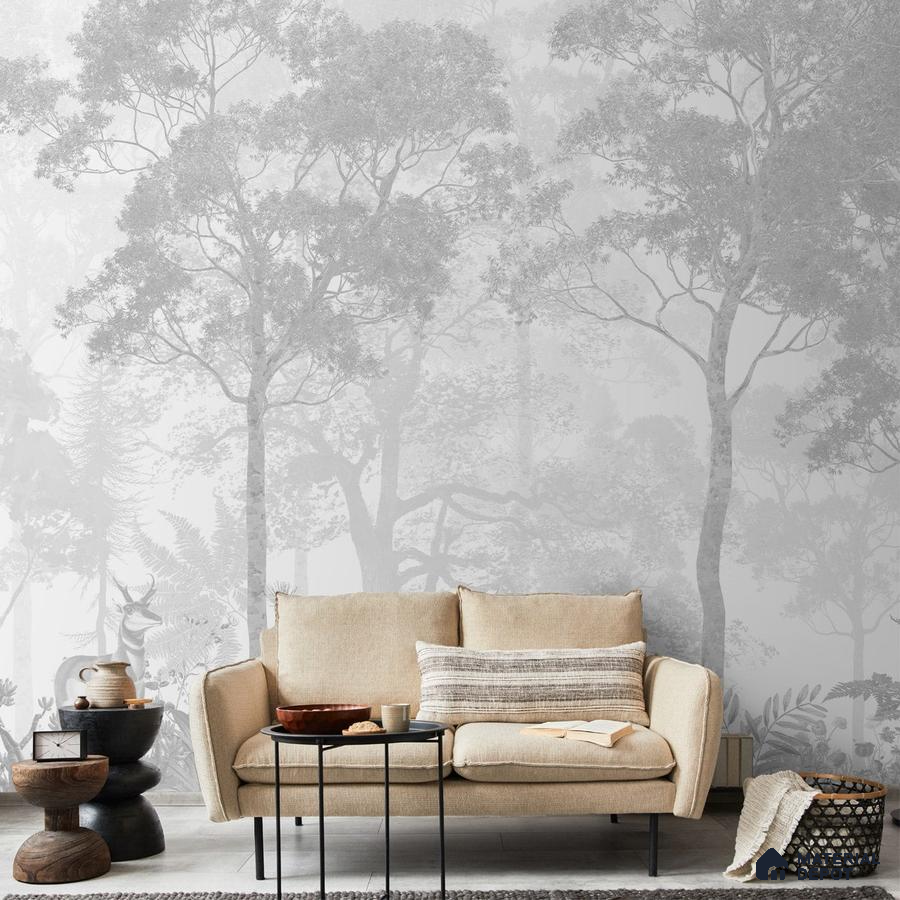 A close-up of a Vintage Forest Theme Wallpaper, Grisaille Style Indrani Series Soft Feel Tropical Design (Customised Size Wallpaper )available at Material Depot in Bangalore