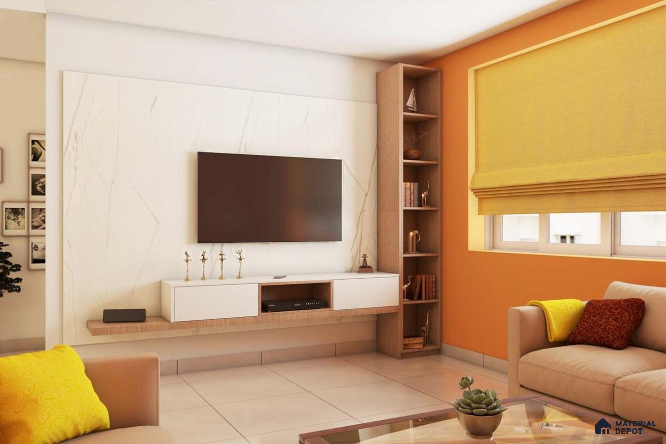 Contemporary TV Unit with Marble and Wooden Shelf