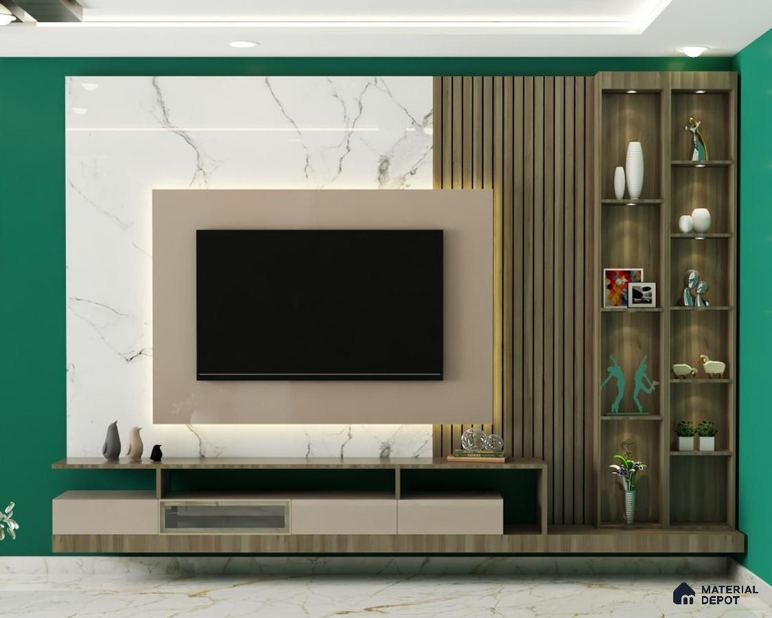 Modern TV Unit with Green Wall and White Marble Backdrop