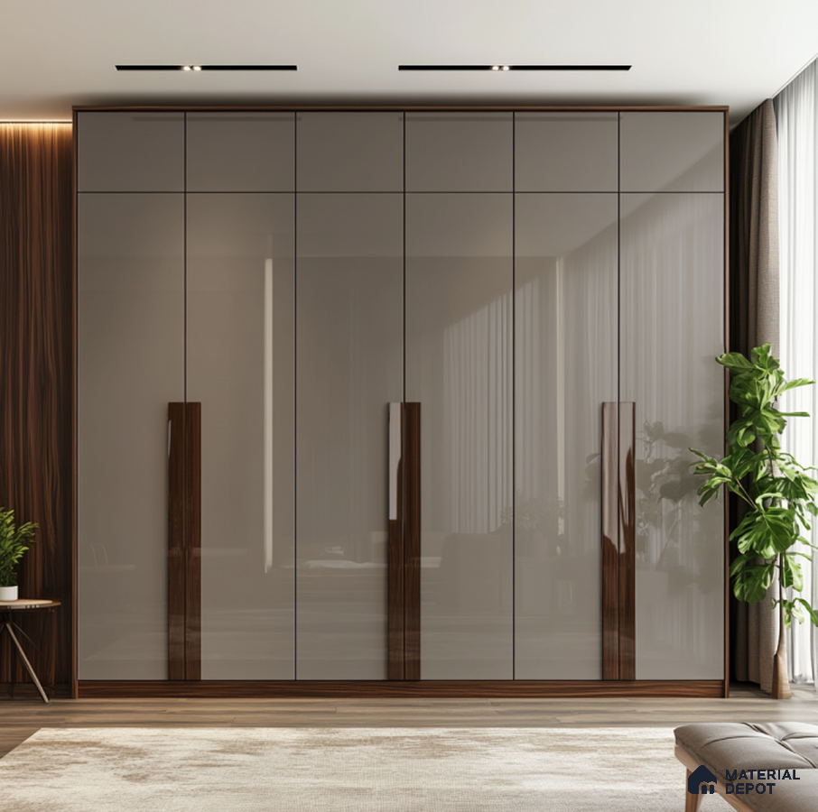 High-Gloss Taupe Laminate Wardrobe with Wooden Accents for Master Bedroom | Material Depot