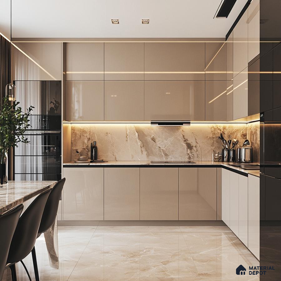 High-End Kitchen Design with Marble Feature Wall and Sleek Black Cabinets | Material Depot