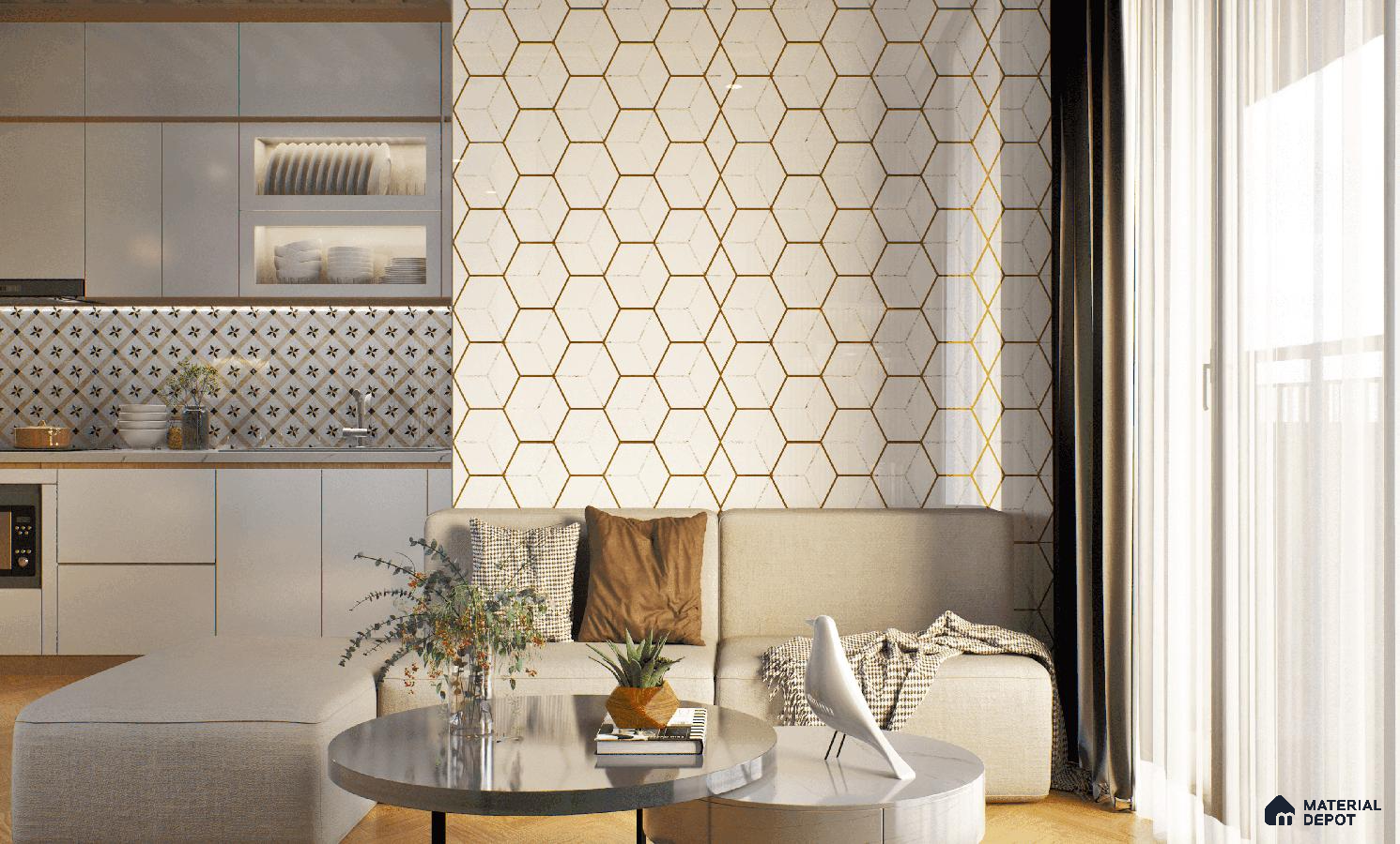 Stylish living room with honeycomb glass highlighter tile wall