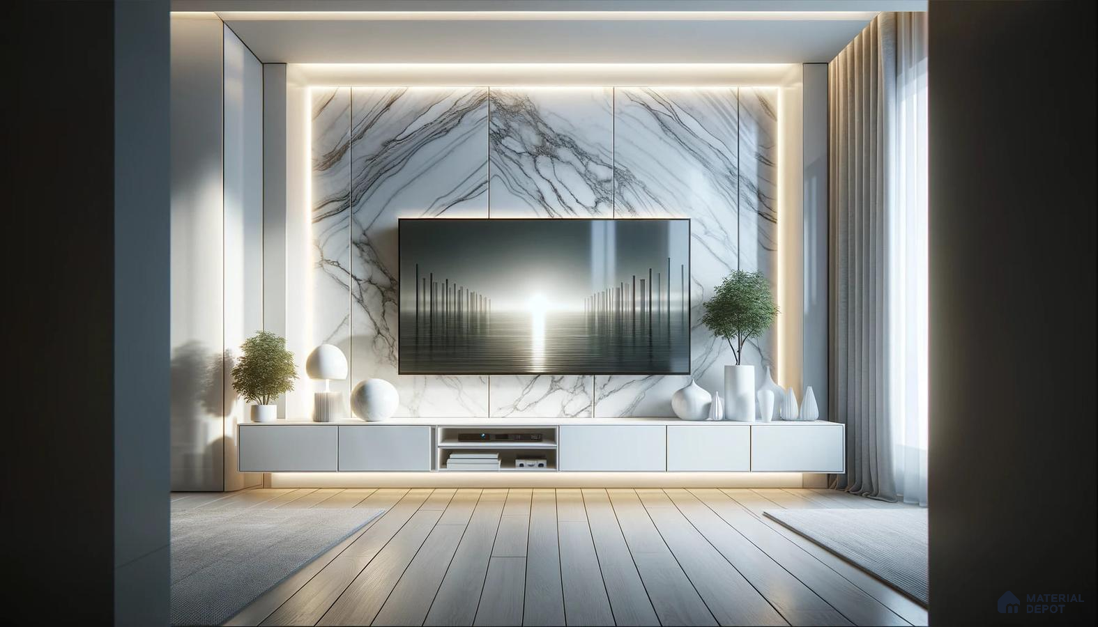 Illuminated Entertainment Space with Marble Accents and Soft Hues | Material Depot