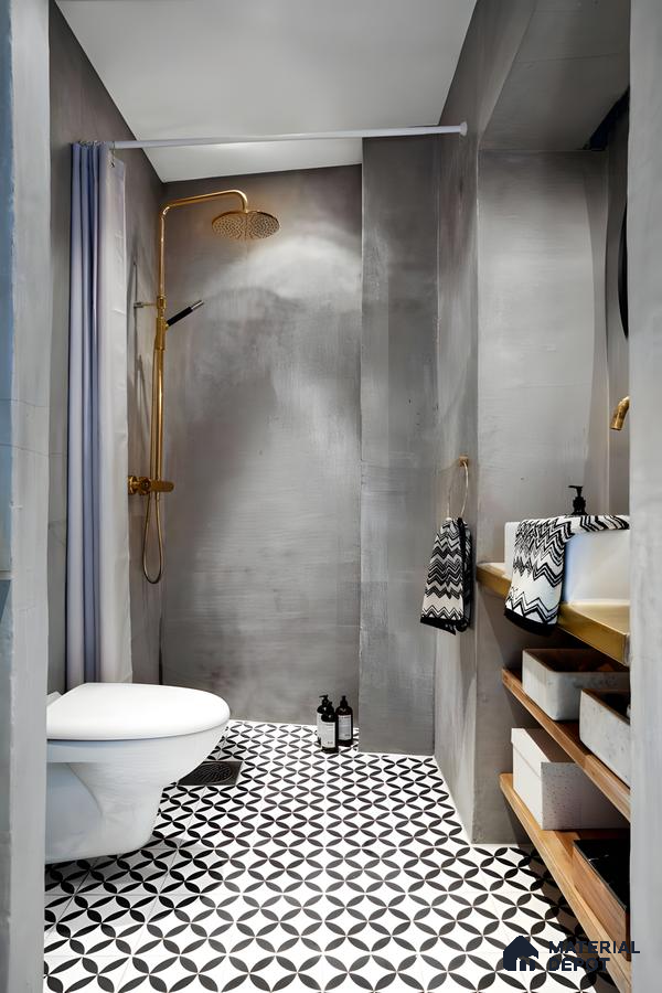 Industrial Chic Bathroom with Geometric Tiles and Gold Accents | Material Depot