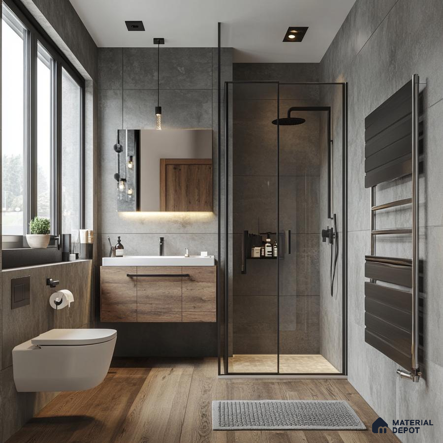 Industrial Chic Bathroom with Natural Lighting and Wooden Accents | Material Depot