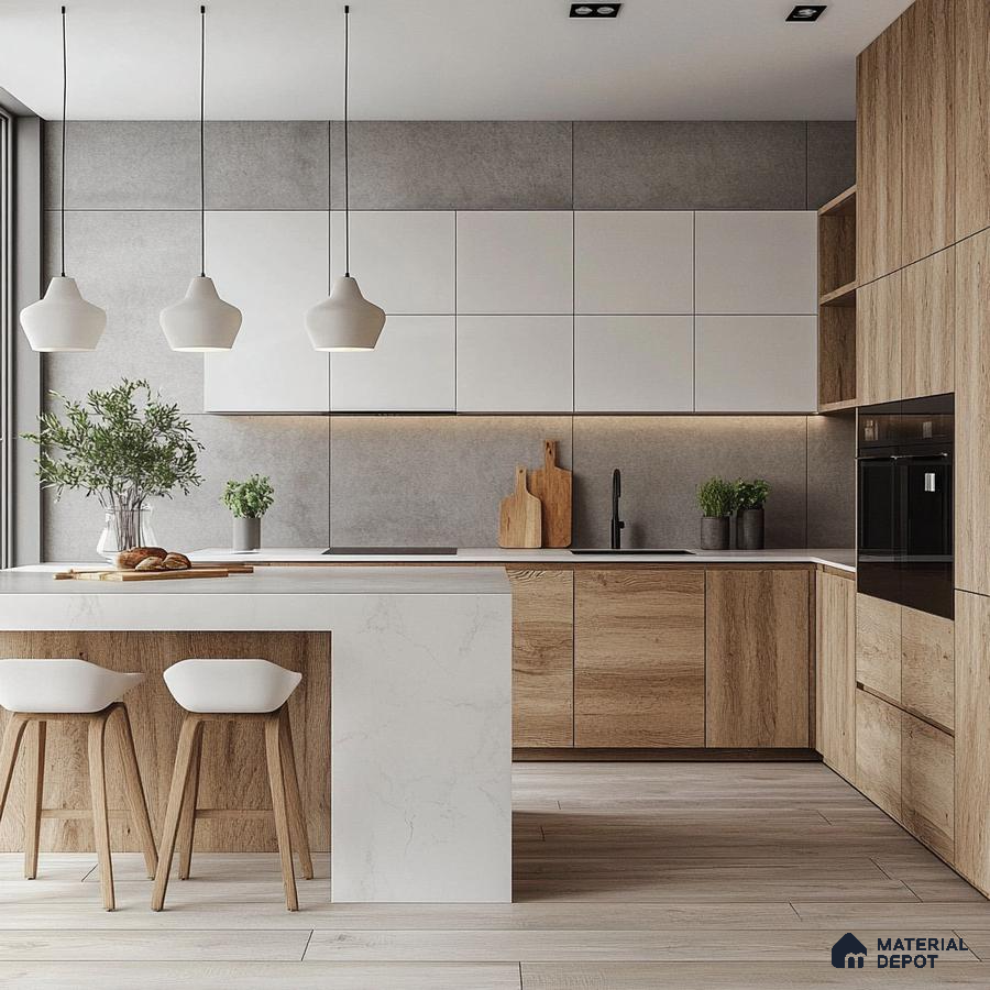 Industrial Chic Kitchen with Wood and White Cabinets, Concrete Wall, and Pendant Lighting | Material Depot
