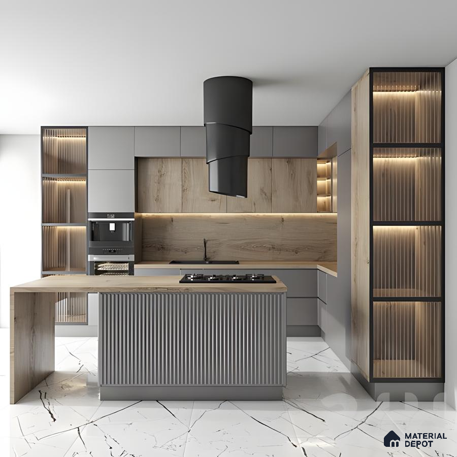 Industrial Kitchen With Fluted Island And Warm Wood Accents | Material Depot