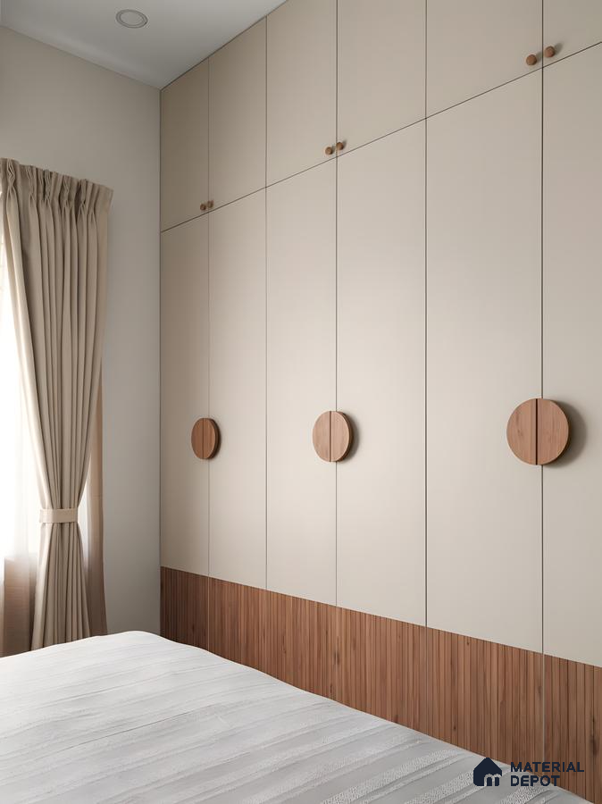 Inspired Floor-To-Ceiling Wardrobe With Fluted Laminate Panels And Matte Beige Shutters | Material Depot