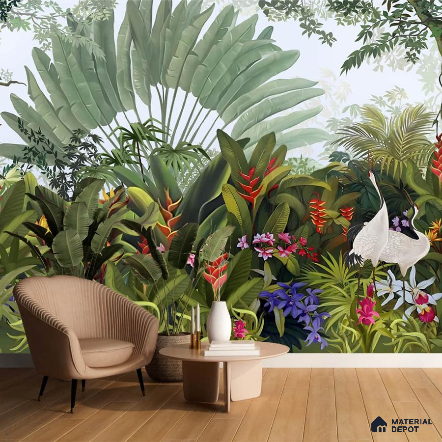 A close-up of a Island Breeze, Tropical Wallpaper for Rooms, Customised Sukoon Series Tropical Design (Customised Size Wallpaper) with a finish available at Material Depot in Bangalore
