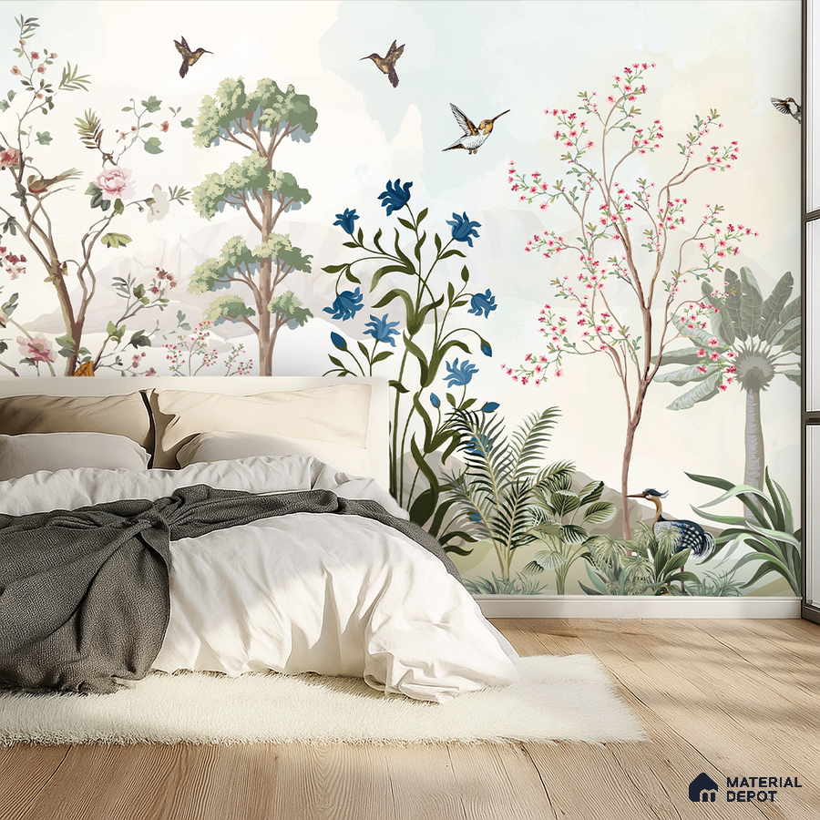 Japandi bedroom with chinoiserie floral wallpaper and light oak wooden flooring in Bengaluru