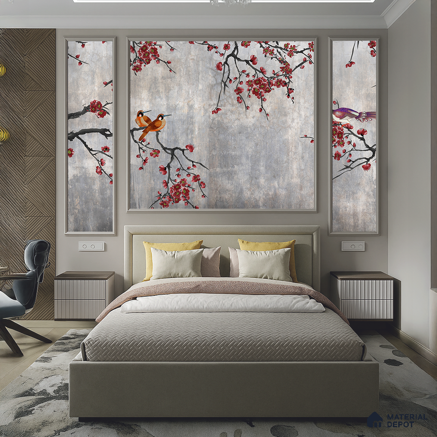 Japandi bedroom with chinoiserie floral wallpaper, suede upholstered bed, and wood accent wall panels in Bengaluru