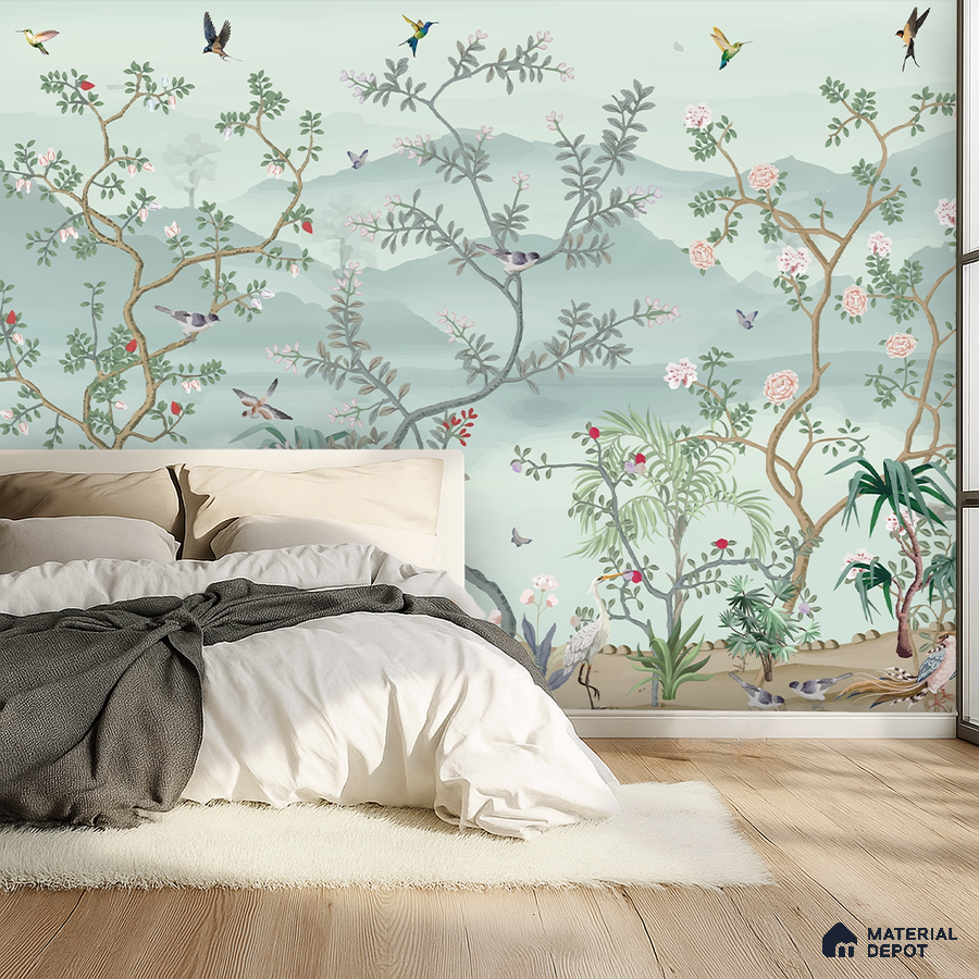 Japandi bedroom with chinoiserie wallpaper and light oak wooden flooring in Bengaluru