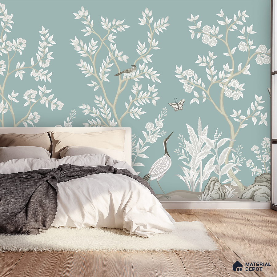 Japandi bedroom with chinoiserie wallpaper and light oak wooden flooring in Bengaluru