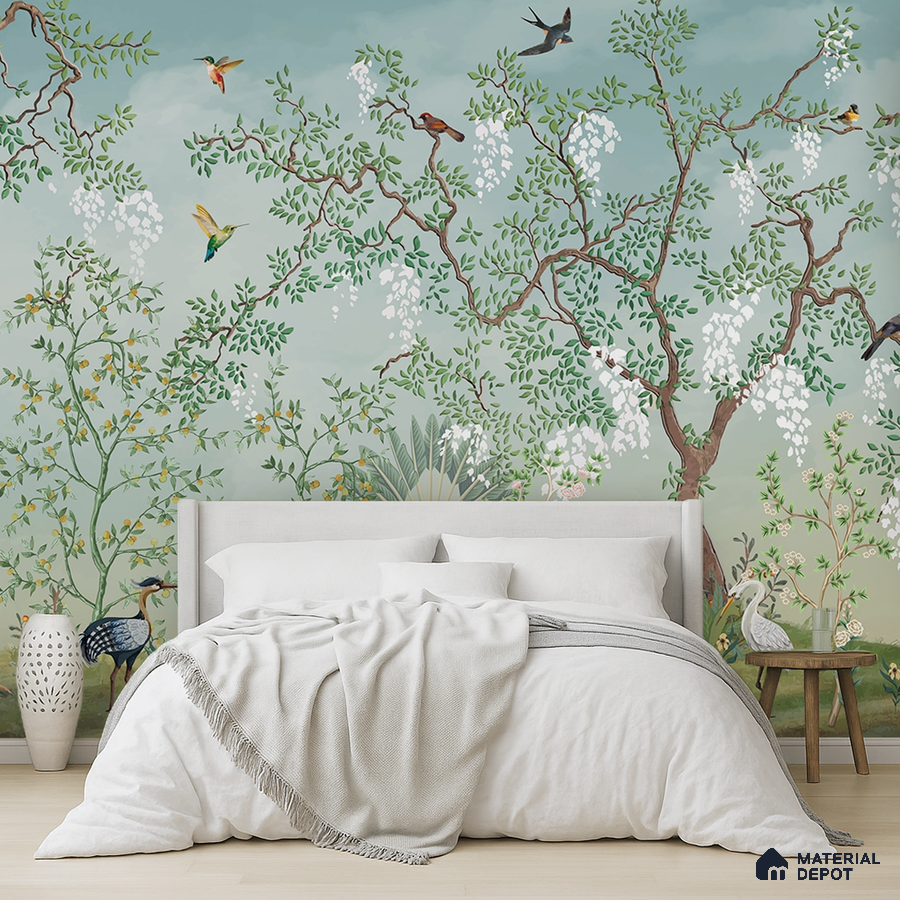 Japandi bedroom with chinoiserie wallpaper and light wood flooring in Bengaluru