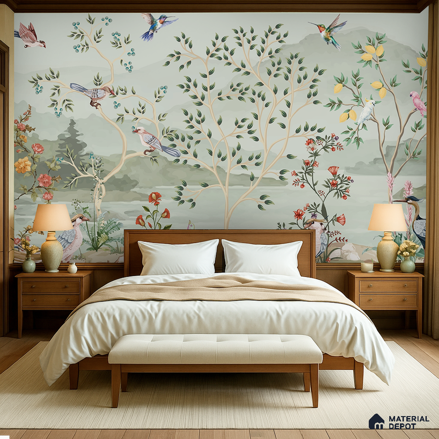 Japandi bedroom with chinoiserie wallpaper and natural wood furniture in Bengaluru