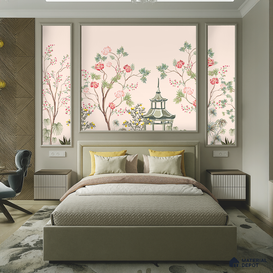 Japandi bedroom with chinoiserie wallpaper, suede upholstered bed, and natural wood accent wall in Bengaluru