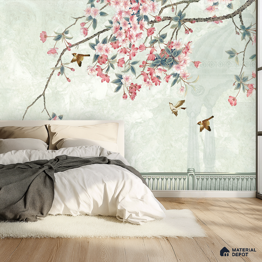 Japandi bedroom with floral chinoiserie wallpaper and natural wood flooring in Bengaluru