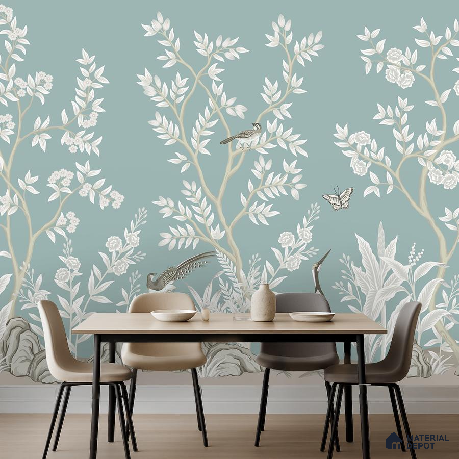 Japandi dining room with chinoiserie floral wallpaper and light wood dining table in Bengaluru