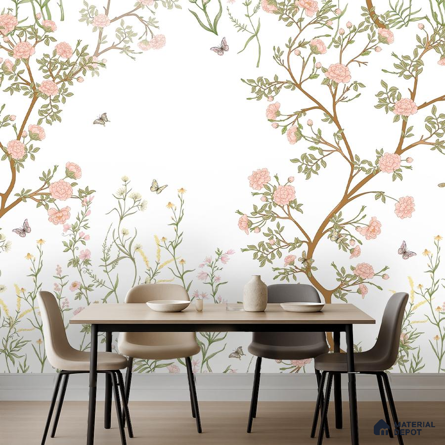 Japandi dining room with chinoiserie floral wallpaper and light wood flooring in Bengaluru