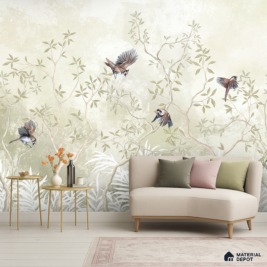 Japandi living room with chinoiserie nature wallpaper and pastel upholstery in Bengaluru