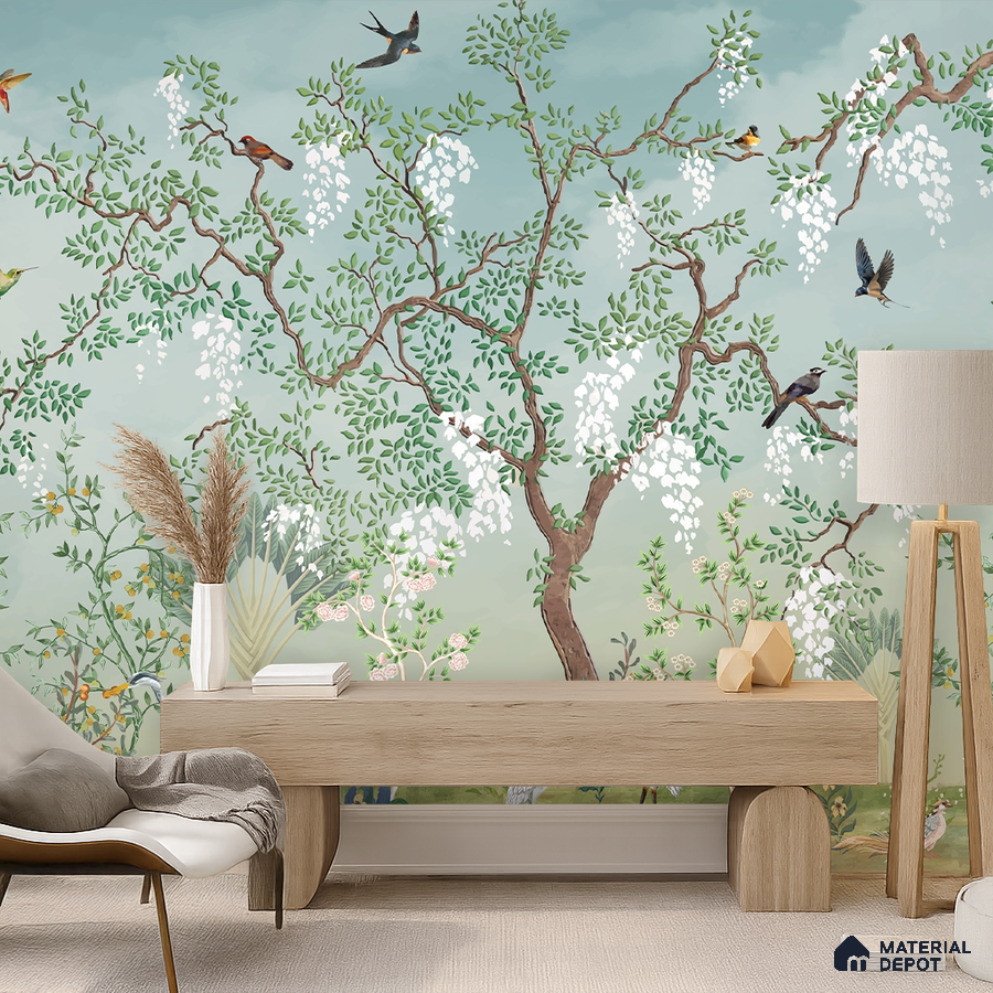 Japandi living room with chinoiserie wallpaper and light oak wood console in Bengaluru