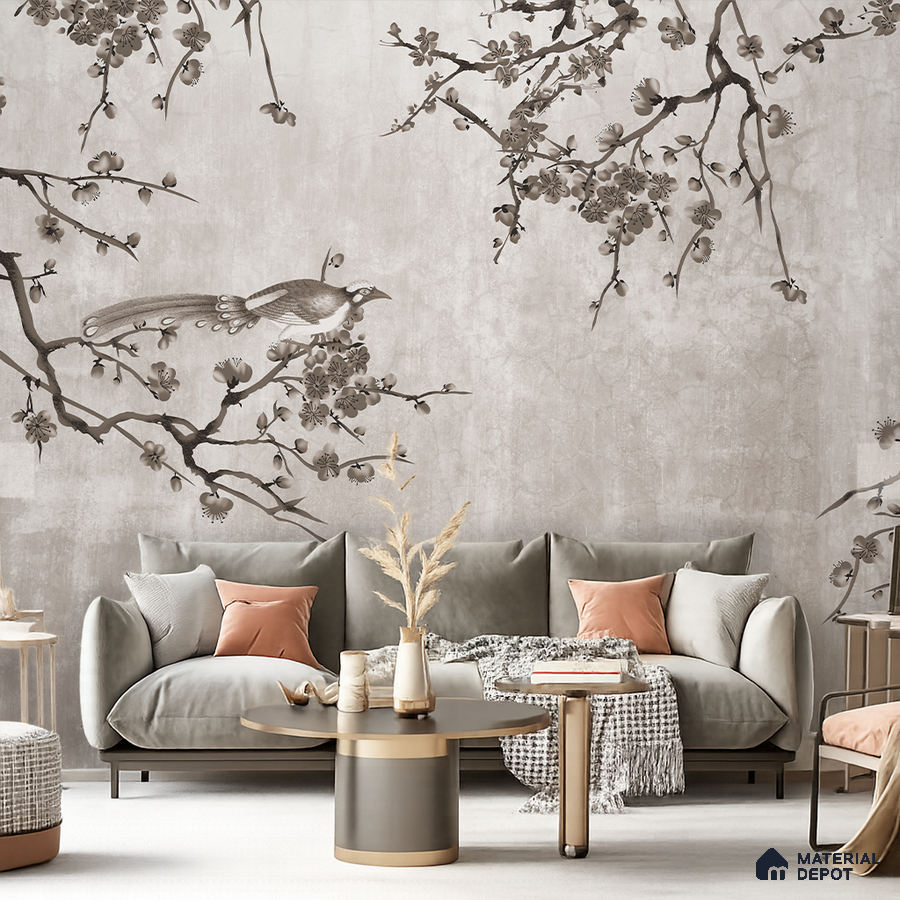 Japandi living room with chinoiserie wallpaper and suede upholstered sofa in Bengaluru