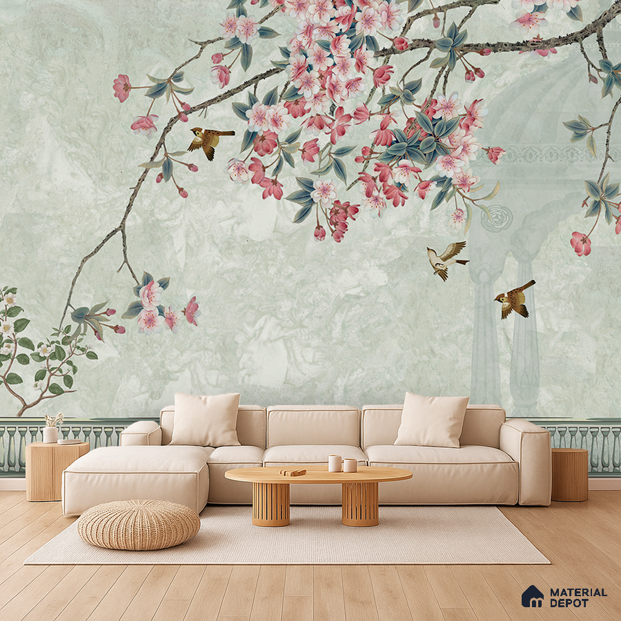 Japandi living room with floral chinoiserie wallpaper and light oak wooden flooring in Bengaluru