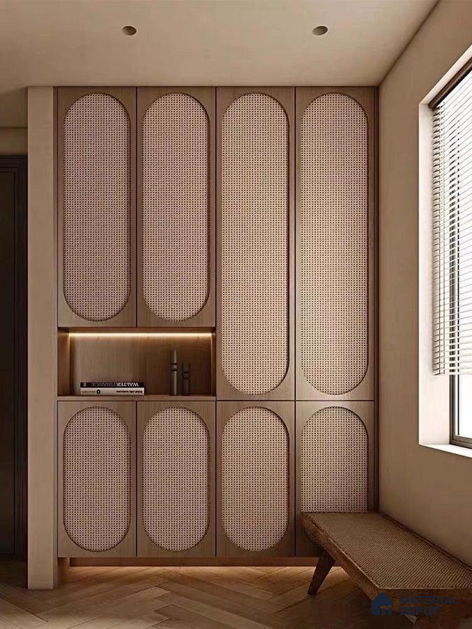 Japandi wardrobe with natural cane shutters and light oak wood, herringbone wooden flooring | Material Depot