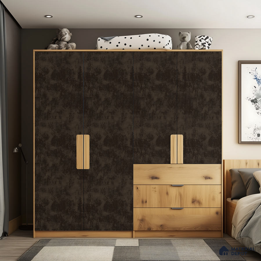 Dark Textured and Natural Wood Wardrobe with Loft Storage – Kids Room Design | Material Depot