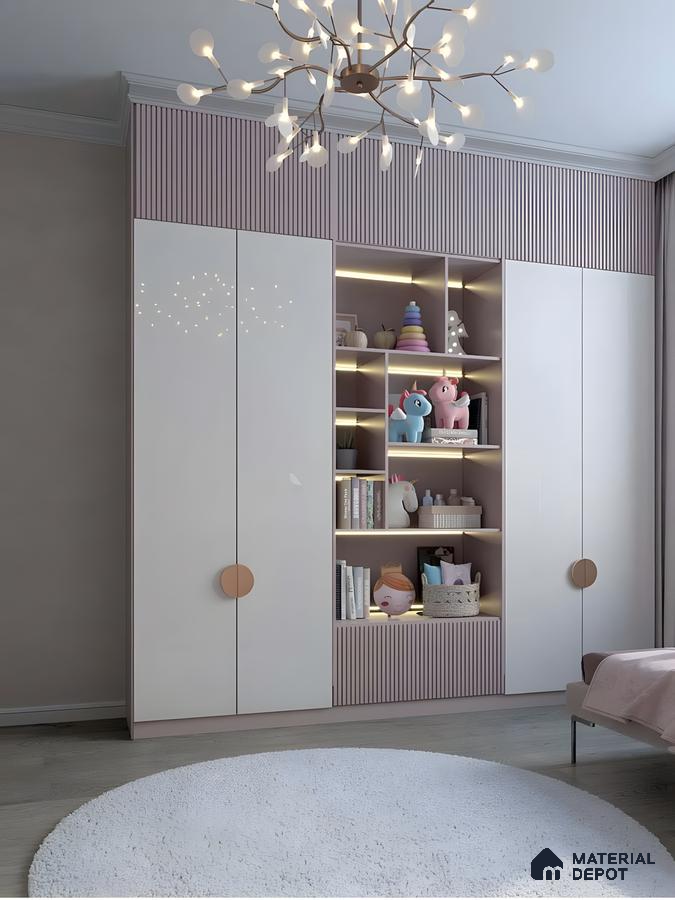 Kids Wardrobe With White Gloss Doors, Pink Fluted Panels, And Integrated Lighting | Material Depot
