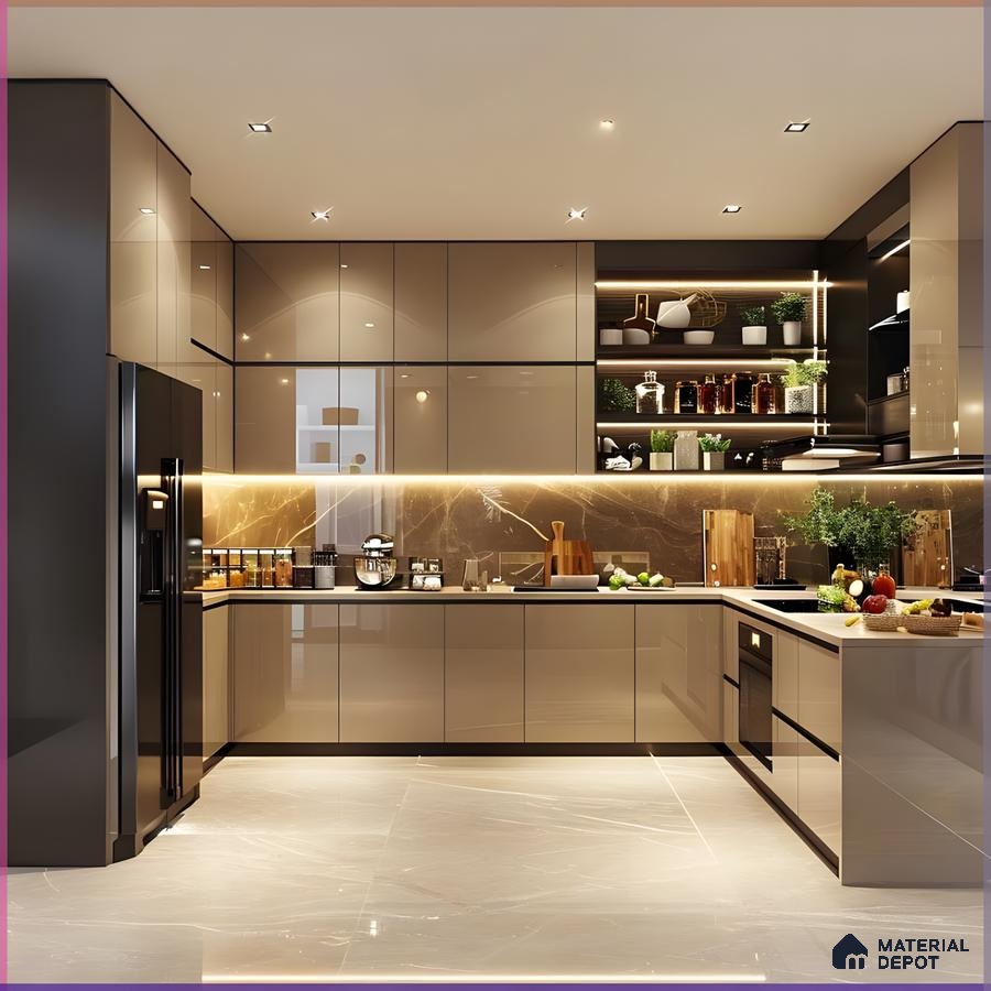 Kitchen Interior With Marble Backsplash And Open Shelving | Material Depot