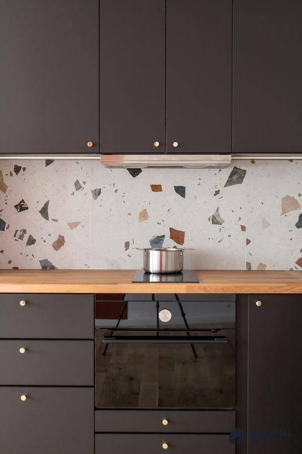 Kitchen With Dark Cabinets And Terrazzo Backsplash | Material Depot