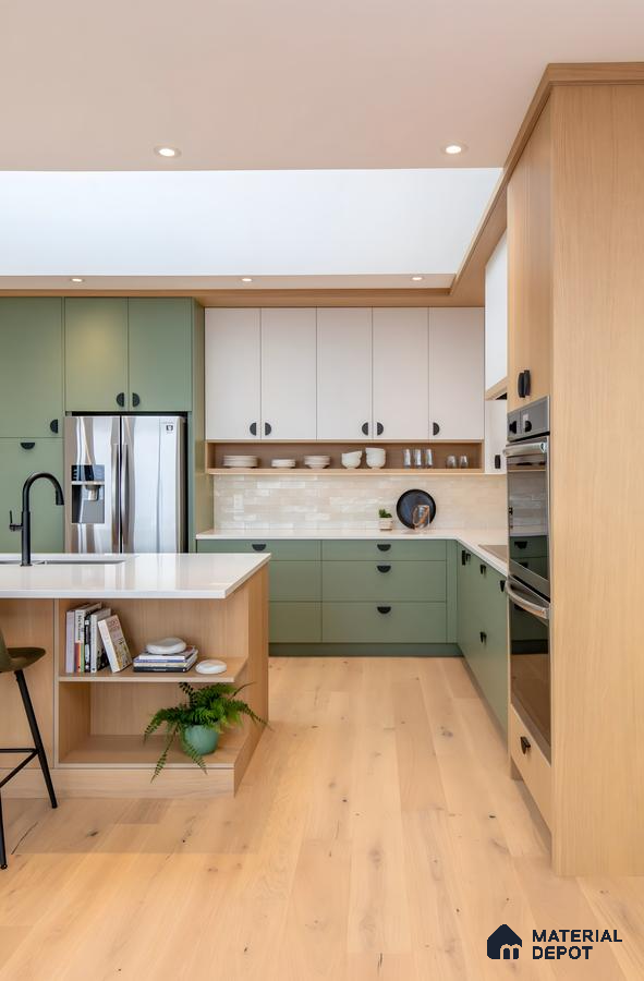 Kitchen With Green Plywood Cabinets And Light Wood Accents | Material Depot