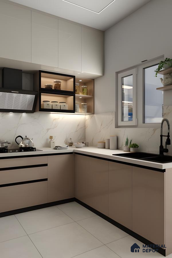 L-Shaped Modular Kitchen Design In Cappuccino And White | Material Depot