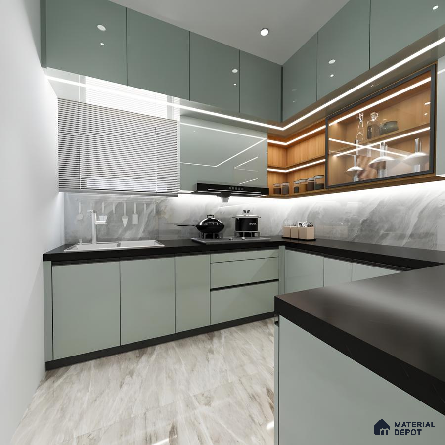 L-Shaped Modular Kitchen Interior Design With Green And Wood Accents | Material Depot
