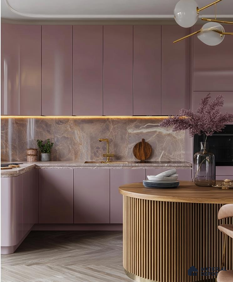 Lavish Orchid Kitchen with Striking Marble Backdrop and Gold Details | Material Depot
